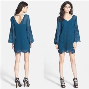 ASTR Women's Teal Embroidered Bell Sleeve Semi Sheer Mini Dress